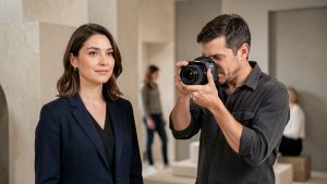Une architecte pose sereinement aux côtés d’un photographe professionnel dans un studio sobre, évoquant la confiance et la discrétion.