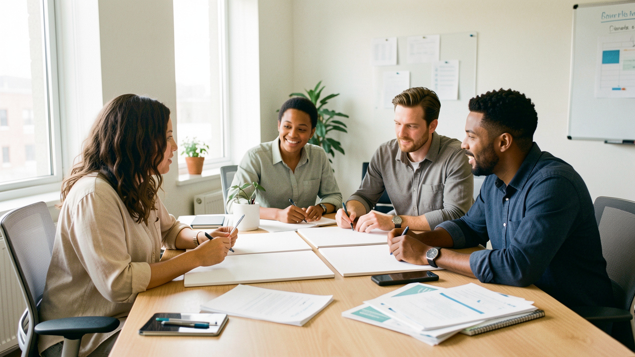 Une équipe diverse échange autour d’une table dans un bureau moderne pour construire une communication employeur authentique et crédible.