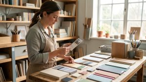 Artisane sélectionnant soigneusement des échantillons de projets et de matériaux dans un atelier organisé, illustrant le filtrage des demandes de devis et l’amélioration de la marge.