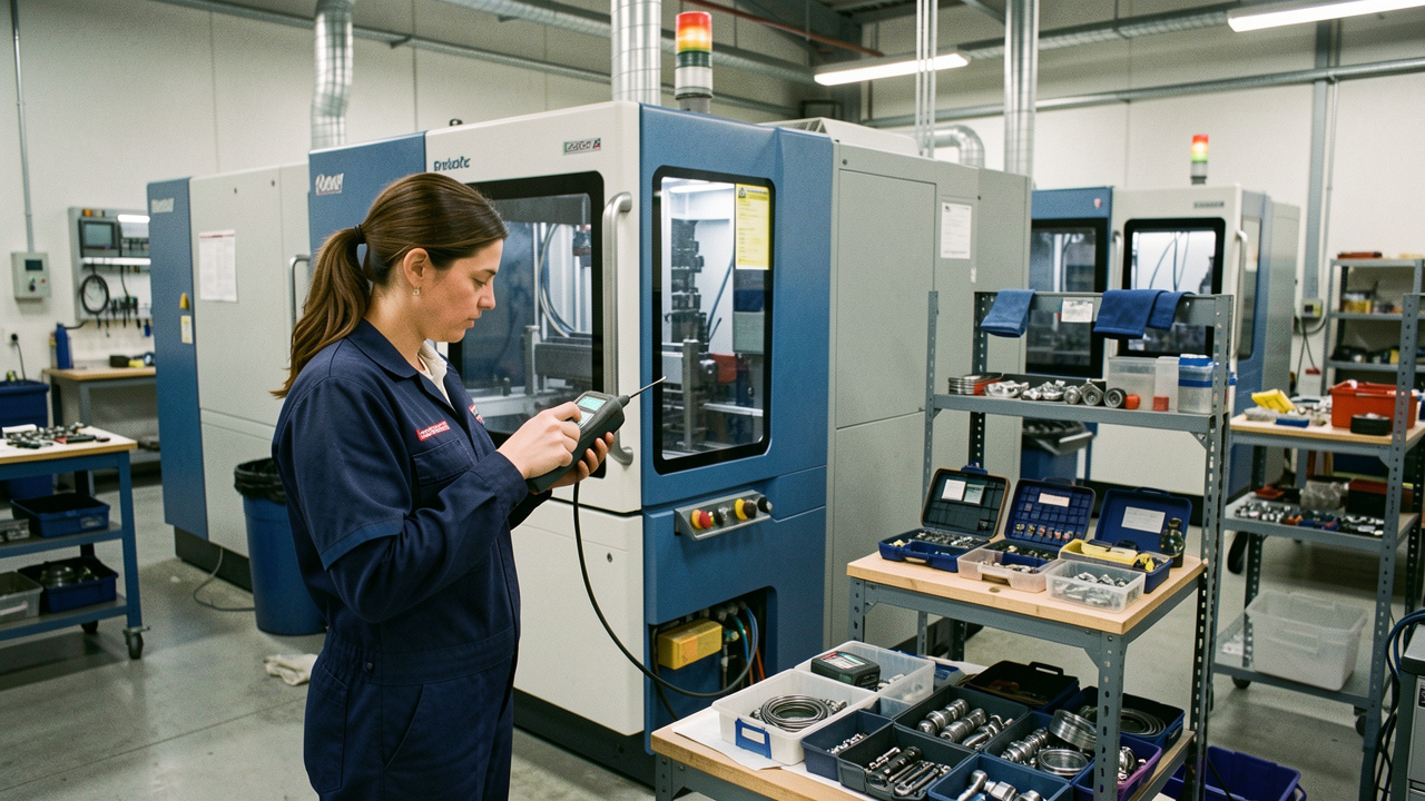 Technicienne de maintenance inspectant une machine industrielle dans un atelier propre, entourée d’outils et de pièces détachées.