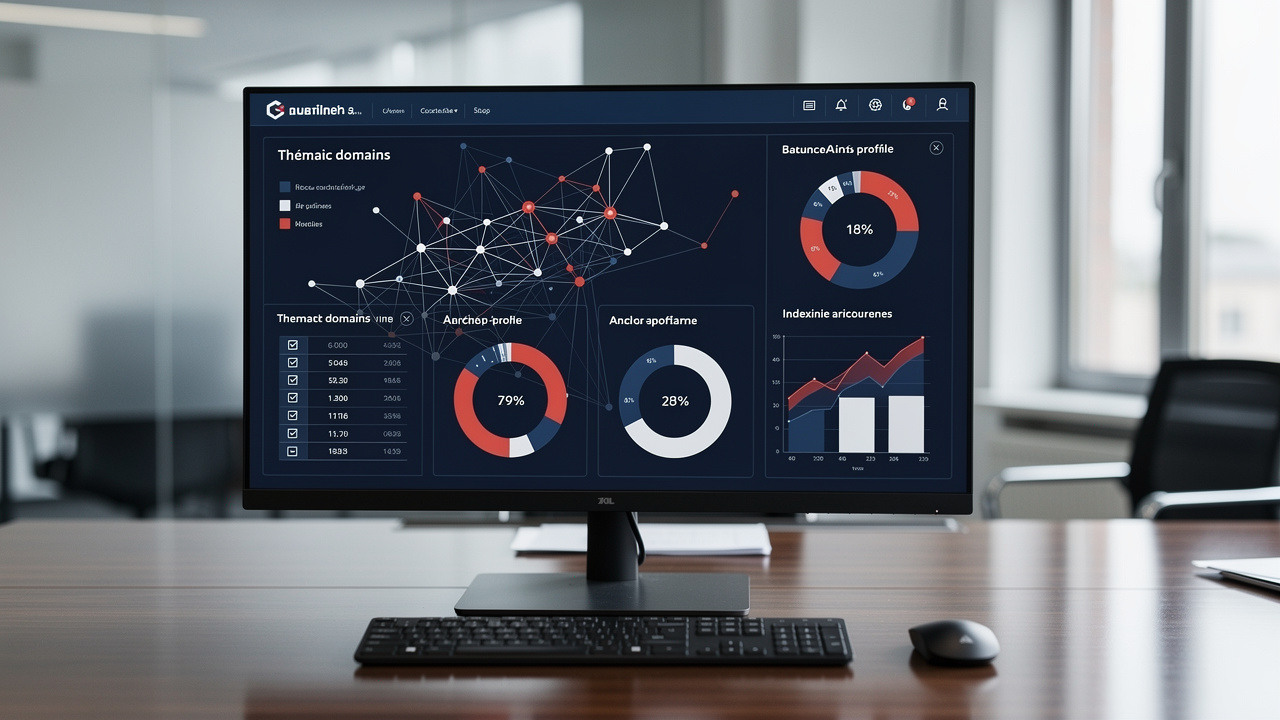 Illustration réaliste d’un espace de travail B2B présentant une analyse visuelle de backlinks, des domaines thématiques connectés, des graphiques d’indexation et un profil d’ancres équilibré.