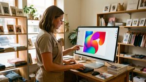 Une commerçante dans une petite boutique professionnelle consulte un ordinateur affichant une maquette d’affiche colorée générée par intelligence artificielle, composée de formes abstraites sans texte.