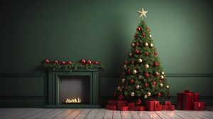 Fond photo de Noël avec sapin décoré, guirlandes lumineuses et cadeaux au pied