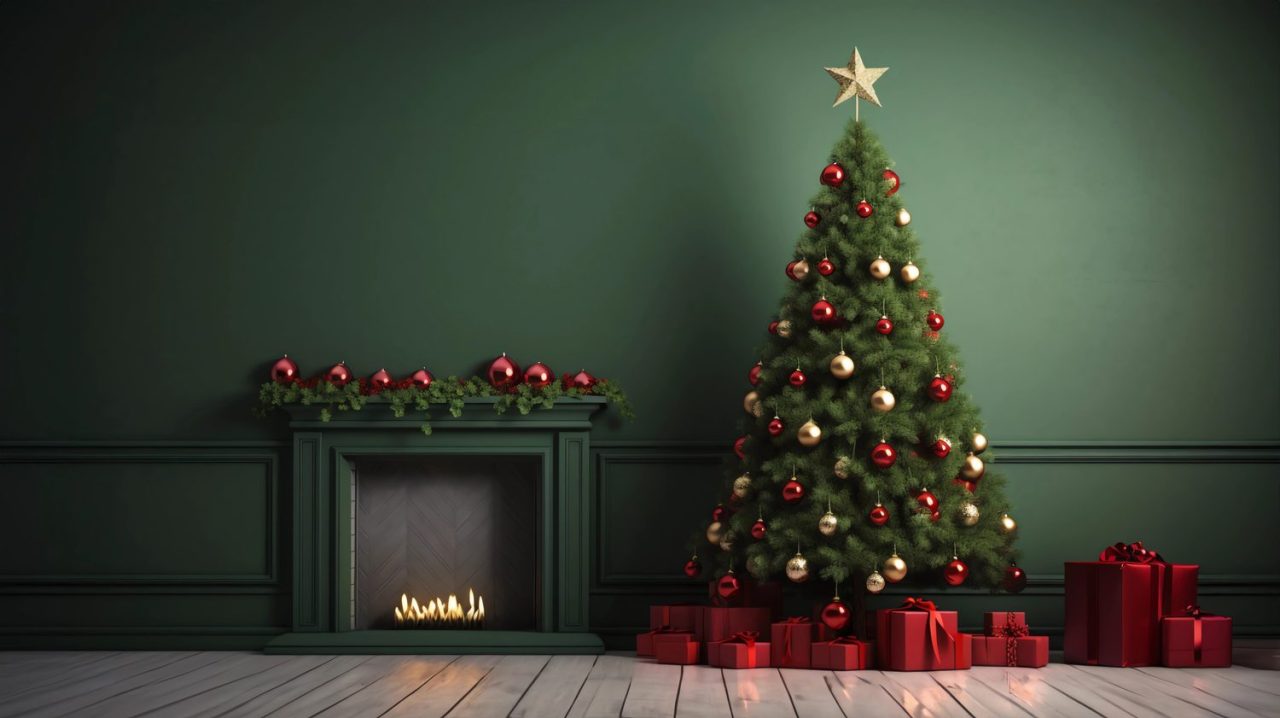 Fond photo de Noël avec sapin décoré, guirlandes lumineuses et cadeaux au pied