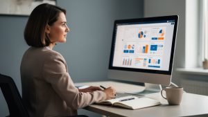 Responsable marketing dans un bureau sobre analysant sur ordinateur un tableau de bord SEO composé de graphiques abstraits et un catalogue visuel de sites.