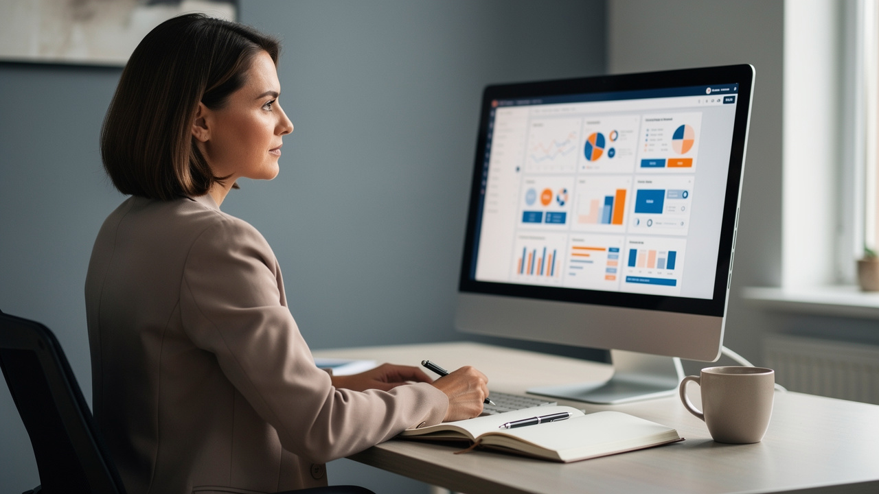 Responsable marketing dans un bureau sobre analysant sur ordinateur un tableau de bord SEO composé de graphiques abstraits et un catalogue visuel de sites.