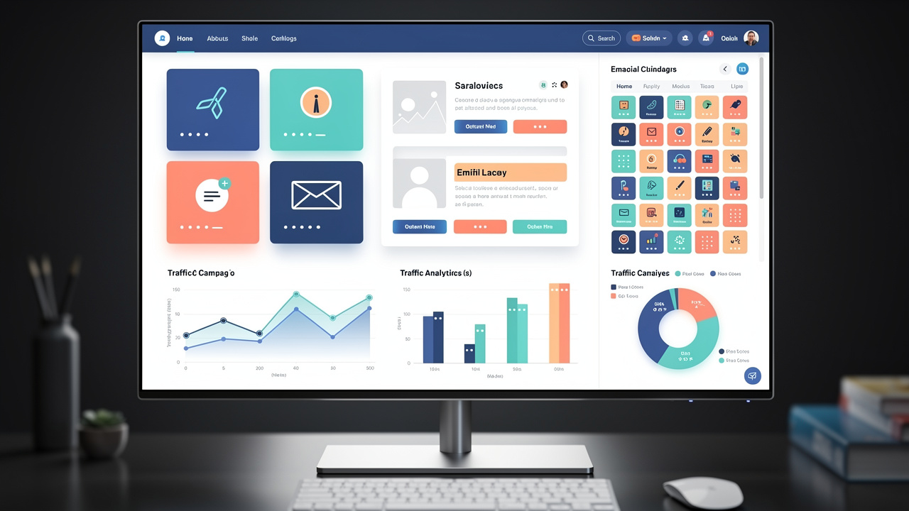 Tableau de pilotage marketing professionnel affichant des contenus de réseaux sociaux, des campagnes e-mail, des statistiques de trafic et un calendrier éditorial sous forme d’éléments graphiques sans texte lisible.
